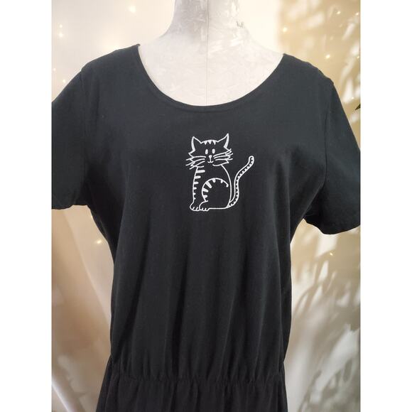 Vtg 90s Studio Ease Kitty Cat Short Sleeve Maxi Dress Size XL Black White Cotton - Picture 5 of 8